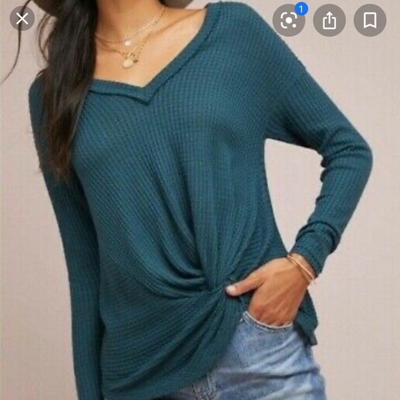 Anthro Akemi & Kin Teal V-Neck Knot Shirt - Picture 1 of 12